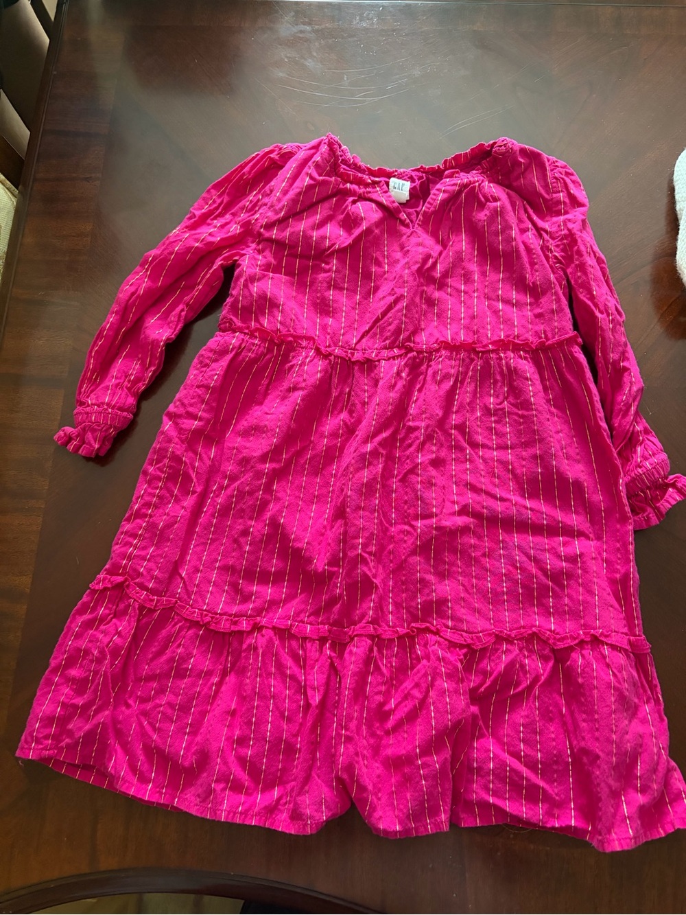 GAP Hot Pink Long-Sleeve Tiered Dress with Gold Stripes